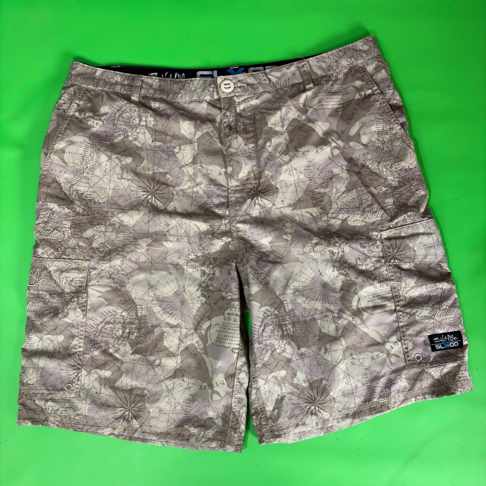 Salt Life SLX-QD Vapor Stretch Cargo Board Shorts Mens 38 Tan Nautical Map AOP